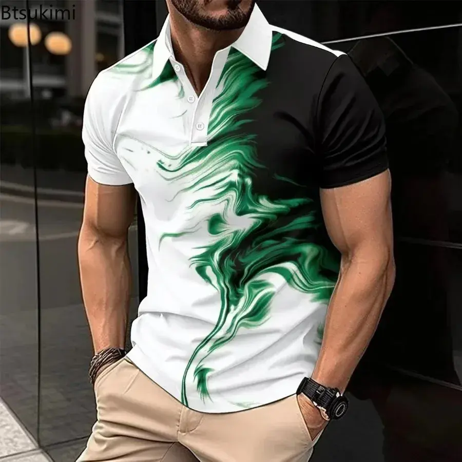 2025 Men's Summer Business Casual Polo Shirt Fashion Print Short-sleeved T-shirt Men High Quality Contrast Color Versatile Tops