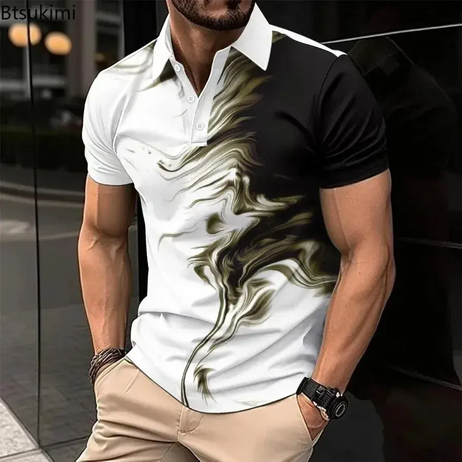 2025 Men's Summer Business Casual Polo Shirt Fashion Print Short-sleeved T-shirt Men High Quality Contrast Color Versatile Tops