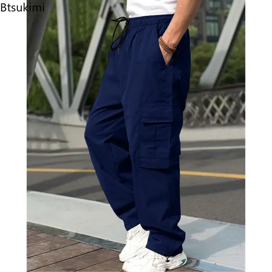 2024 Fashion New Men's Loose Multi-pockets Cargo Pants Summer Drawstring Casual Straight Trousers Men Outdoor Sport Jogger Pants