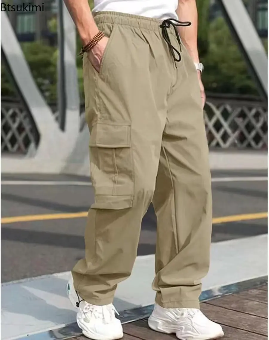 2024 Fashion New Men's Loose Multi-pockets Cargo Pants Summer Drawstring Casual Straight Trousers Men Outdoor Sport Jogger Pants