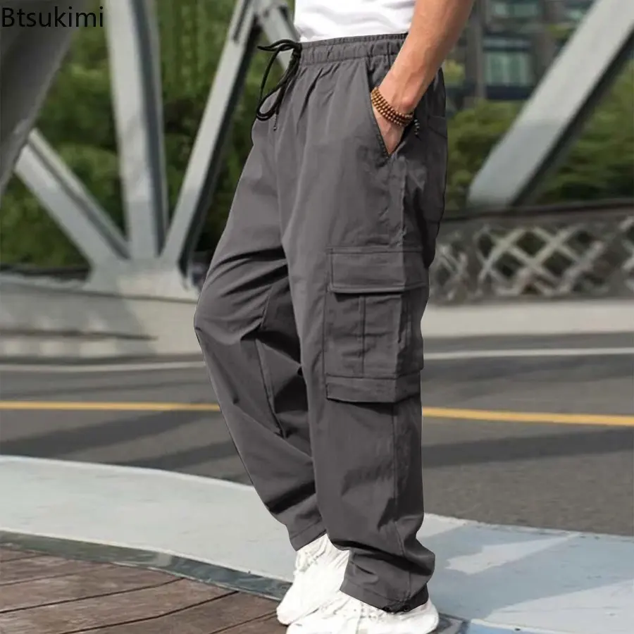 2024 Fashion New Men's Loose Multi-pockets Cargo Pants Summer Drawstring Casual Straight Trousers Men Outdoor Sport Jogger Pants