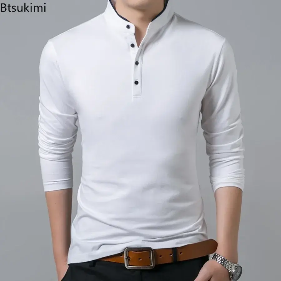 New 2025 Men's Casual Long Sleeve T-shirts Fashion Stand Collar Polo Shirt Men Business Social Solid Slim Tops Cotton Sport Tees