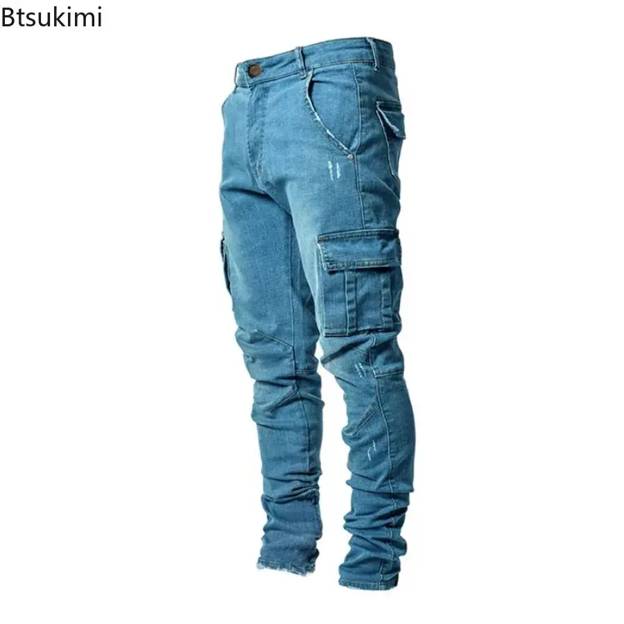 Fashion New Men's Denim Cargo Pants Multi-pockets Design Solid Slim Jeans Men Street Elastic Cowboy Trousers Daily Wear Joggers