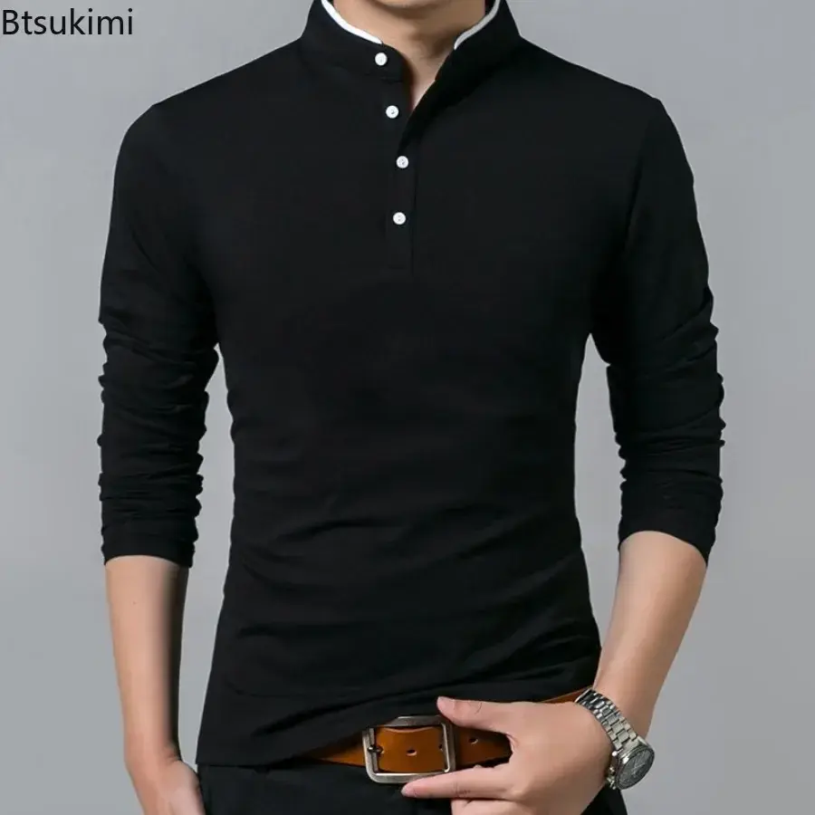 New 2025 Men's Casual Long Sleeve T-shirts Fashion Stand Collar Polo Shirt Men Business Social Solid Slim Tops Cotton Sport Tees