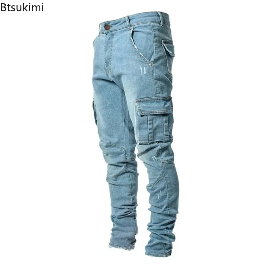 Fashion New Men's Denim Cargo Pants Multi-pockets Design Solid Slim Jeans Men Street Elastic Cowboy Trousers Daily Wear Joggers