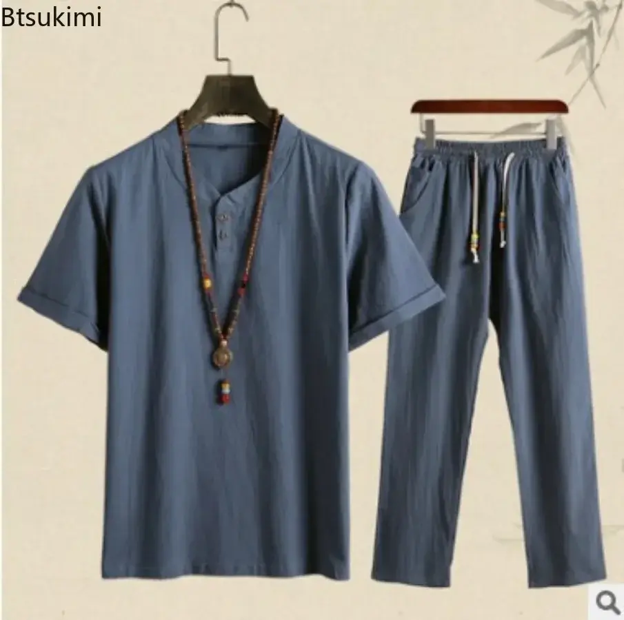 2025 Men's Summer Chinese Style Sets Vintage Cotton Linen Short Sleeve V-neck Shirt and Pants Suit Sets Loose Casual Men Outfits