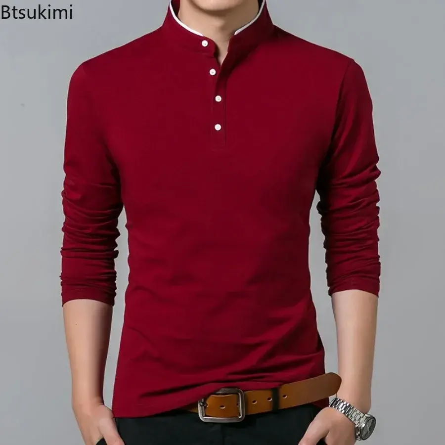 New 2025 Men's Casual Long Sleeve T-shirts Fashion Stand Collar Polo Shirt Men Business Social Solid Slim Tops Cotton Sport Tees