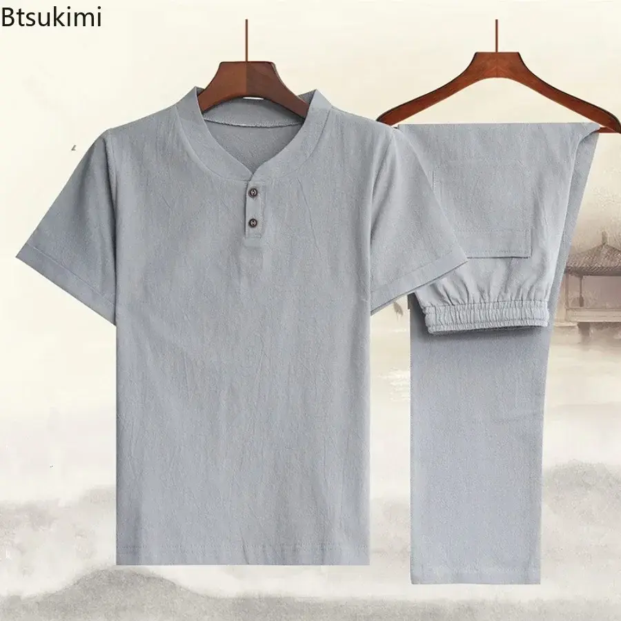2025 Men's Summer Chinese Style Sets Vintage Cotton Linen Short Sleeve V-neck Shirt and Pants Suit Sets Loose Casual Men Outfits