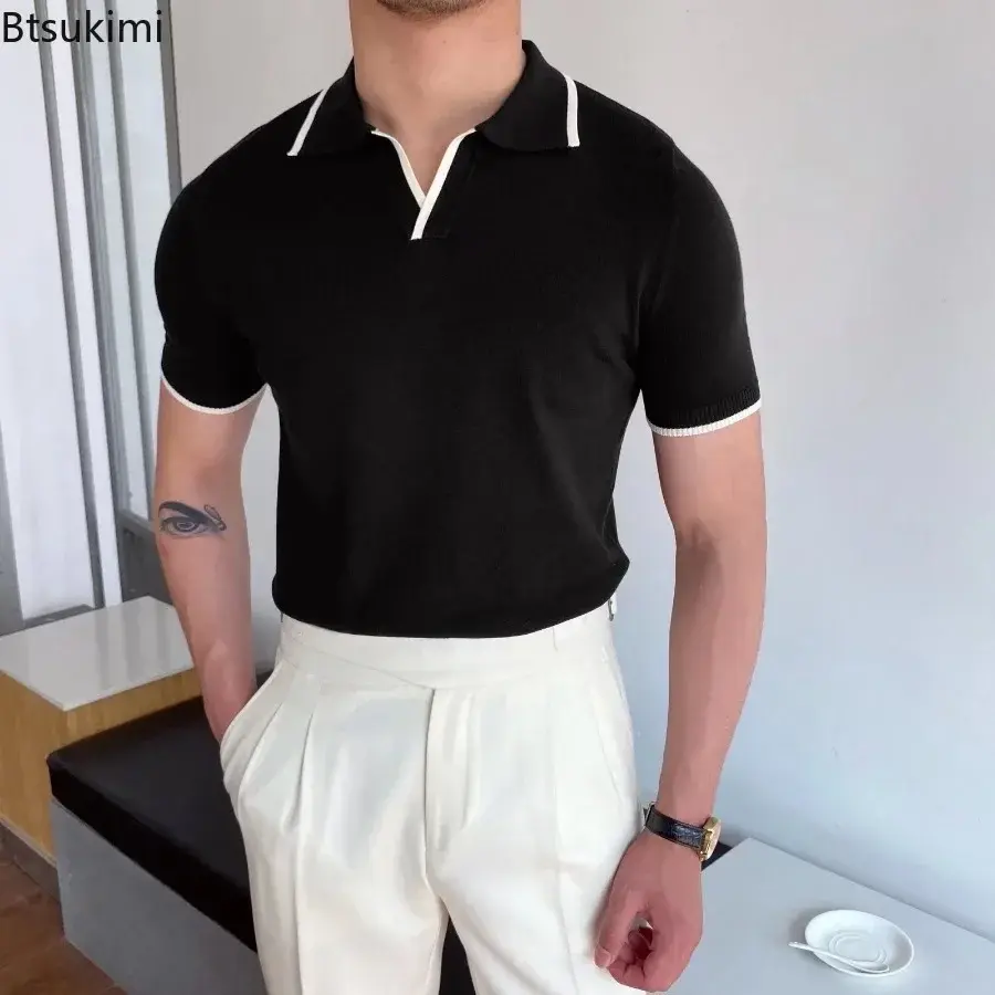 Men's Summer Fashion Polo Shirts New Short Sleeve Lapel Knitted Tops Men Trend Streetwear Casual Patchwork Pullover T-shirt Male