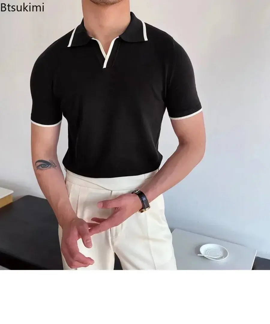 Men's Summer Fashion Polo Shirts New Short Sleeve Lapel Knitted Tops Men Trend Streetwear Casual Patchwork Pullover T-shirt Male
