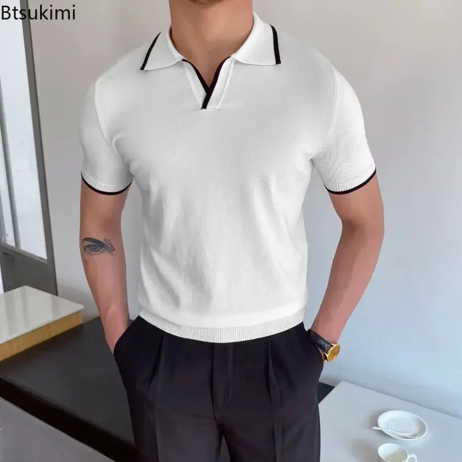 Men's Summer Fashion Polo Shirts New Short Sleeve Lapel Knitted Tops Men Trend Streetwear Casual Patchwork Pullover T-shirt Male
