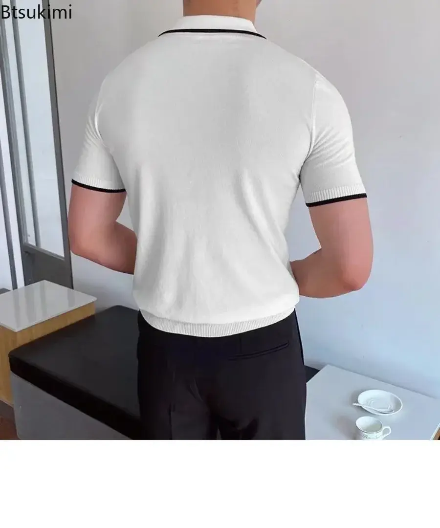 Men's Summer Fashion Polo Shirts New Short Sleeve Lapel Knitted Tops Men Trend Streetwear Casual Patchwork Pullover T-shirt Male