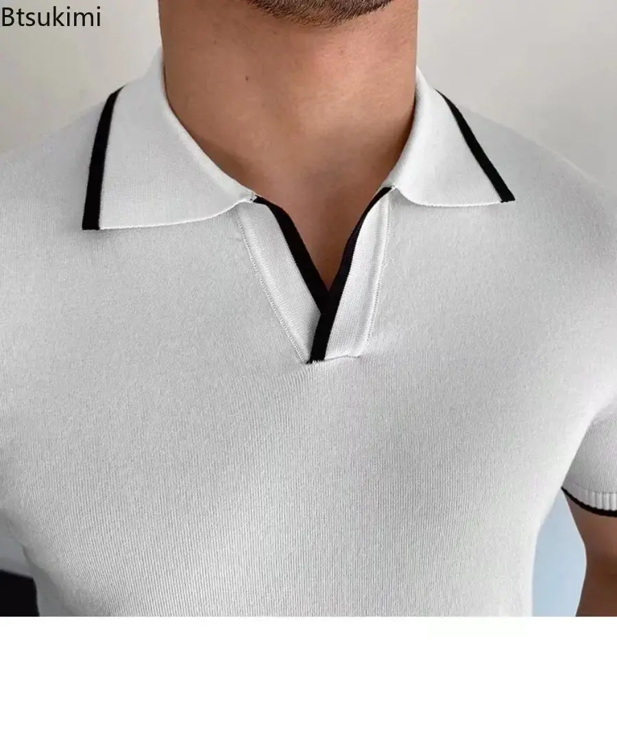Men's Summer Fashion Polo Shirts New Short Sleeve Lapel Knitted Tops Men Trend Streetwear Casual Patchwork Pullover T-shirt Male