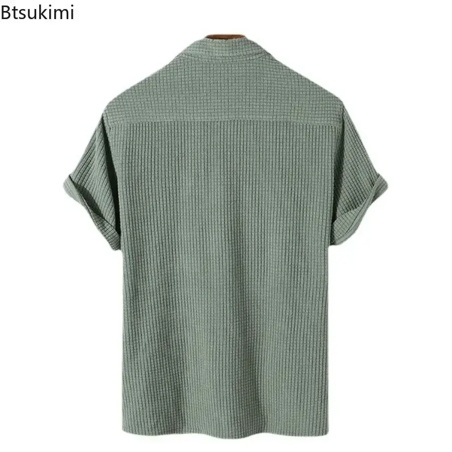 2025 Summer Men's Loose Casual Plaid Shirts Fashion Solid Lapel Collar Button Blouse Short Sleeve Simple Pocket Shirt Male Tops