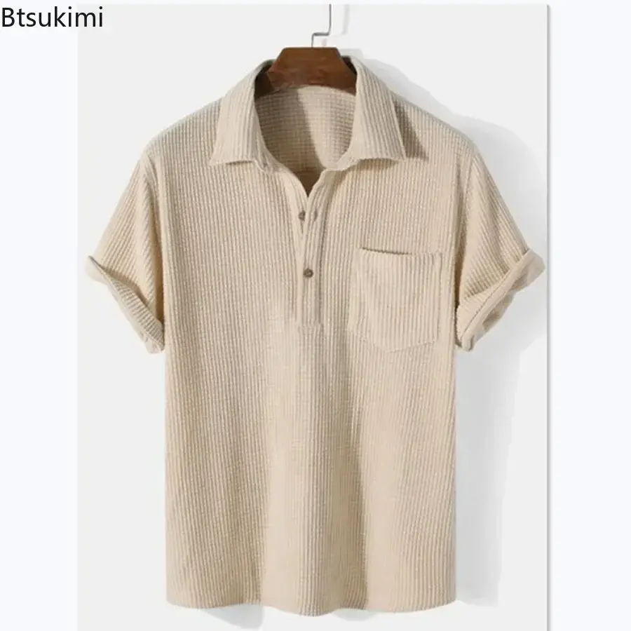 2025 Summer Men's Loose Casual Plaid Shirts Fashion Solid Lapel Collar Button Blouse Short Sleeve Simple Pocket Shirt Male Tops