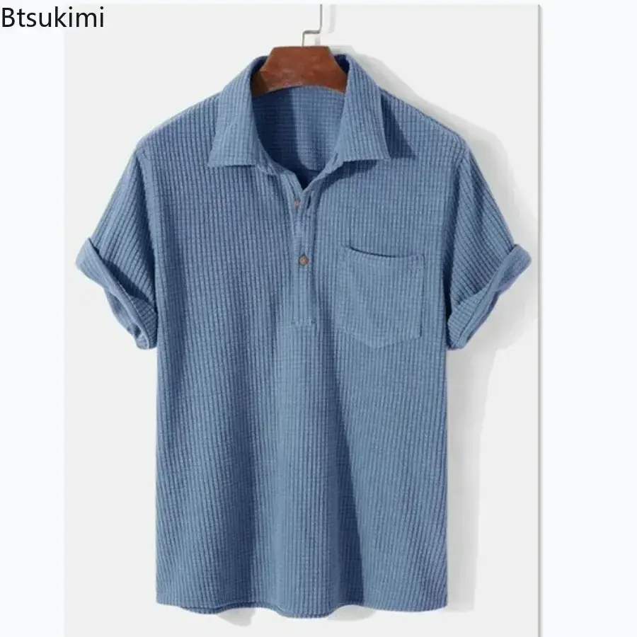 2025 Summer Men's Loose Casual Plaid Shirts Fashion Solid Lapel Collar Button Blouse Short Sleeve Simple Pocket Shirt Male Tops