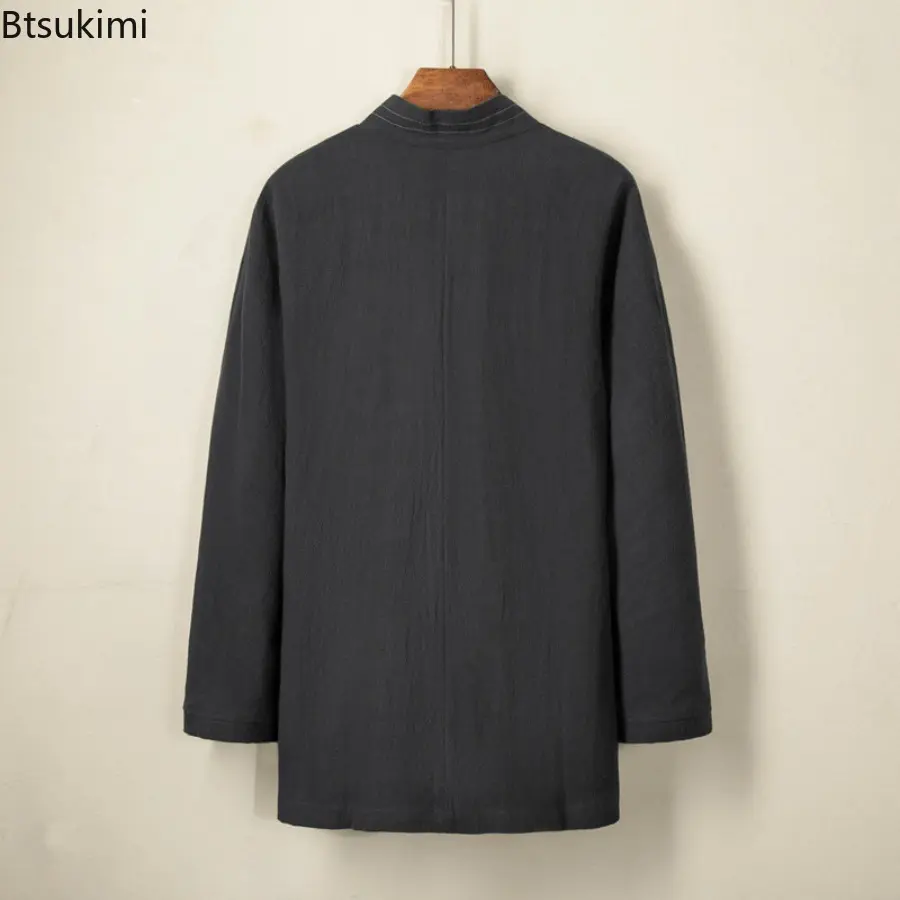 2025 Autumn Winter Men's Chinese Style Linen Cardigan Jacket Loose Kimono Jacket Solid Color Self-Tie Hanfu Traditional Clothing