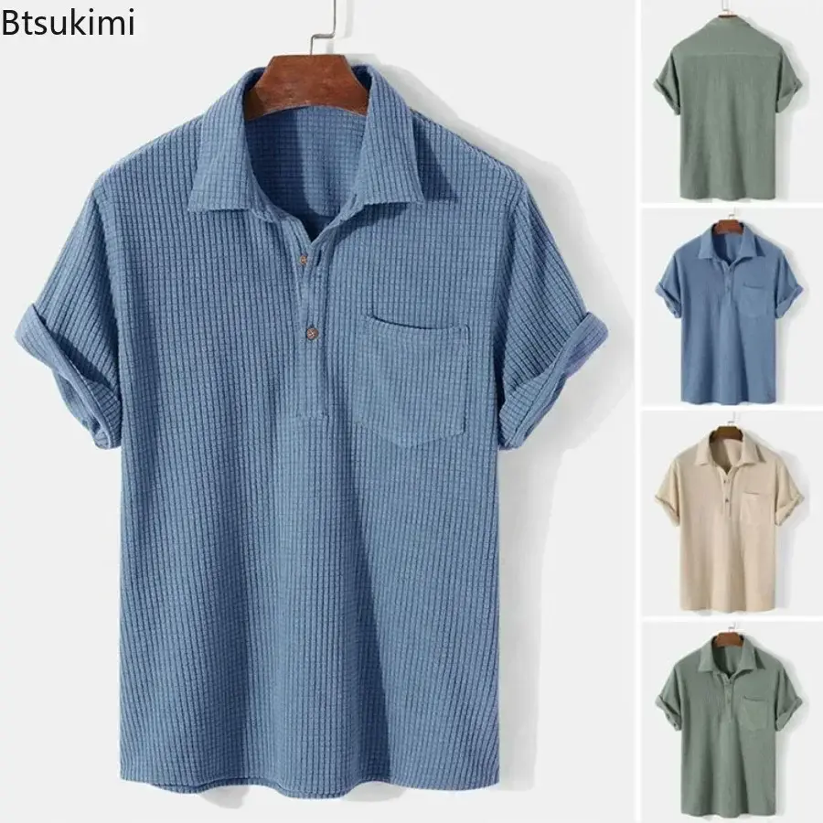 2025 Summer Men's Loose Casual Plaid Shirts Fashion Solid Lapel Collar Button Blouse Short Sleeve Simple Pocket Shirt Male Tops