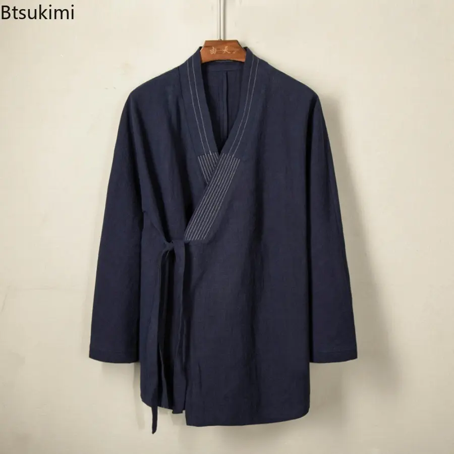 2025 Autumn Winter Men's Chinese Style Linen Cardigan Jacket Loose Kimono Jacket Solid Color Self-Tie Hanfu Traditional Clothing
