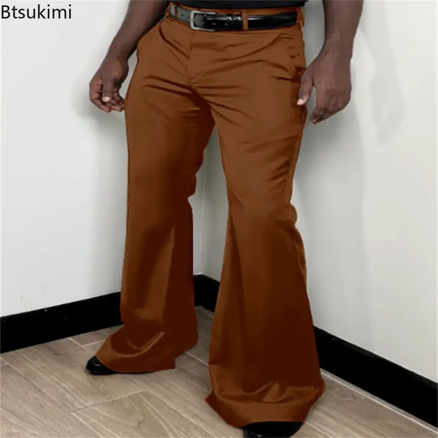 New 2025 Autumn Men's Vintage Basic Flare Pants Solid Color Full-Length Trousers for Men Fashion Zipper Pocket Sweatpants Male