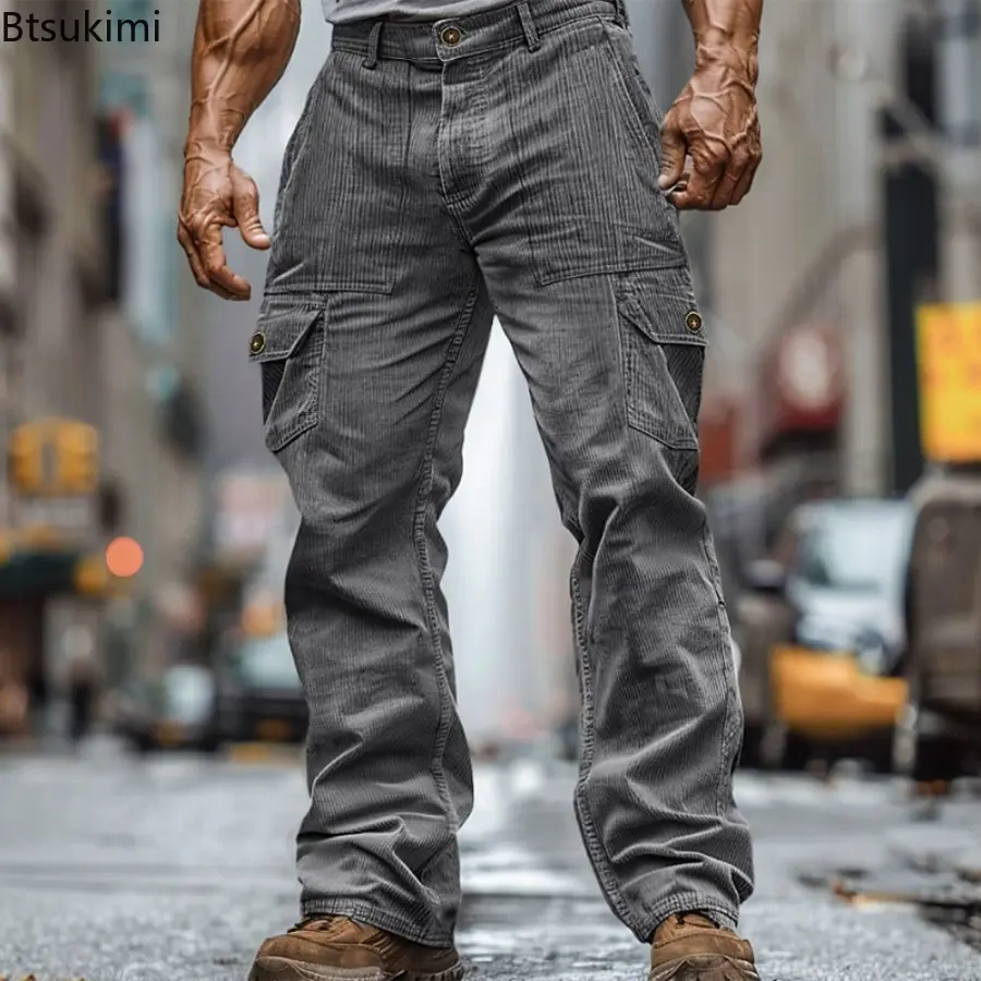 2025 Streetwear Fashion Men's Cargo Pants Autumn Outdoor Casual Solid Ribbed Corduroy Trousers Male Vintage Loose Straight Pants