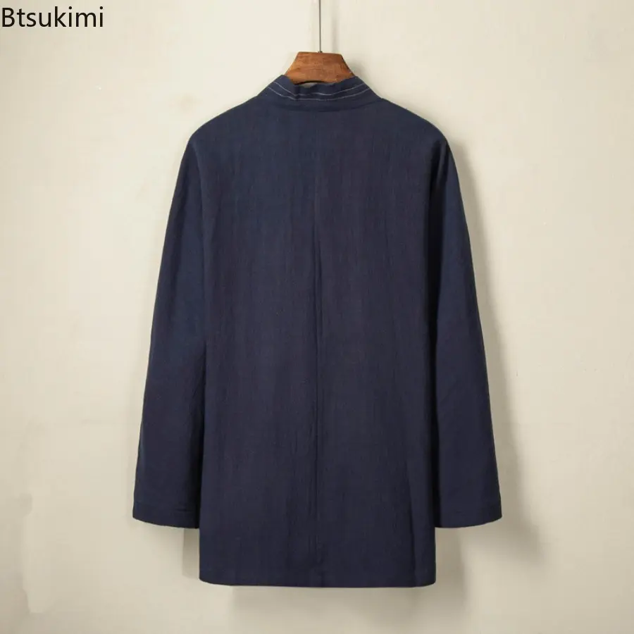 2025 Autumn Winter Men's Chinese Style Linen Cardigan Jacket Loose Kimono Jacket Solid Color Self-Tie Hanfu Traditional Clothing