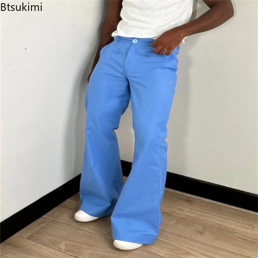 New 2025 Autumn Men's Vintage Basic Flare Pants Solid Color Full-Length Trousers for Men Fashion Zipper Pocket Sweatpants Male