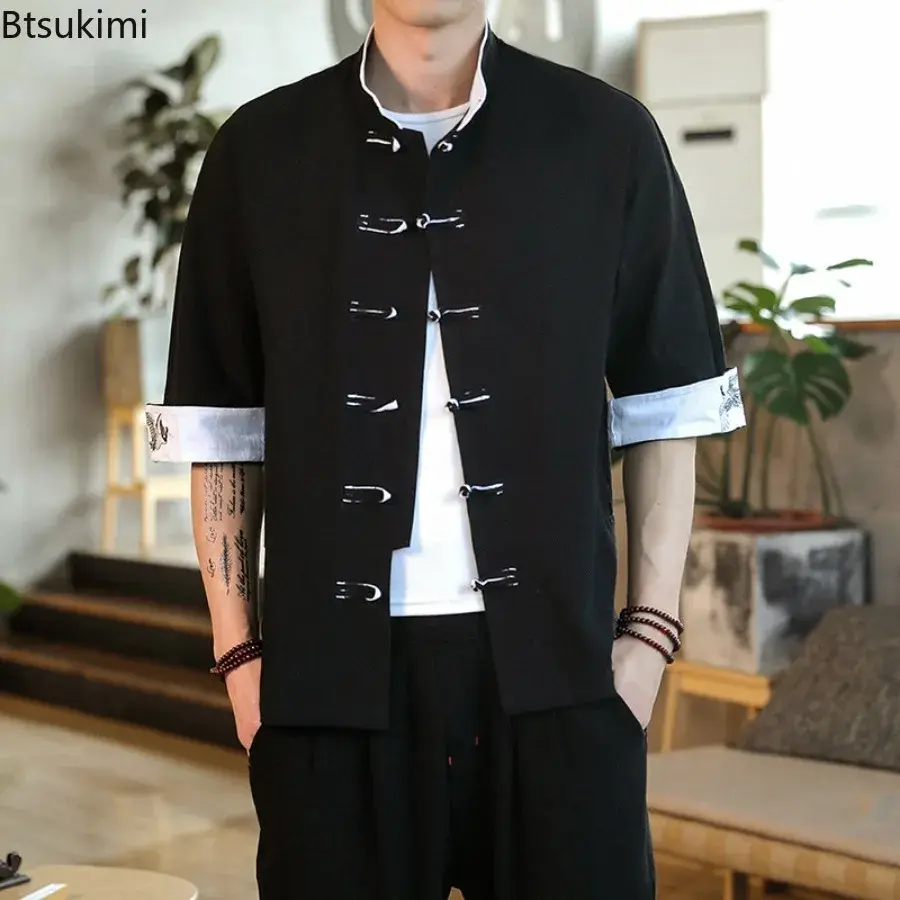 Chinese Style Hanfu Shirt 2025 Men's Vintage Embroidery Patchwork Traditional Clothing Men Stand Collar T-shirts Tops Tang Suit