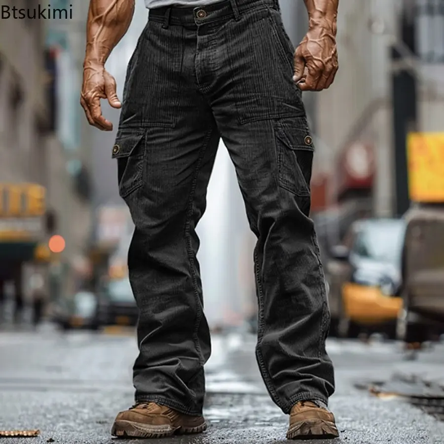 2025 Streetwear Fashion Men's Cargo Pants Autumn Outdoor Casual Solid Ribbed Corduroy Trousers Male Vintage Loose Straight Pants