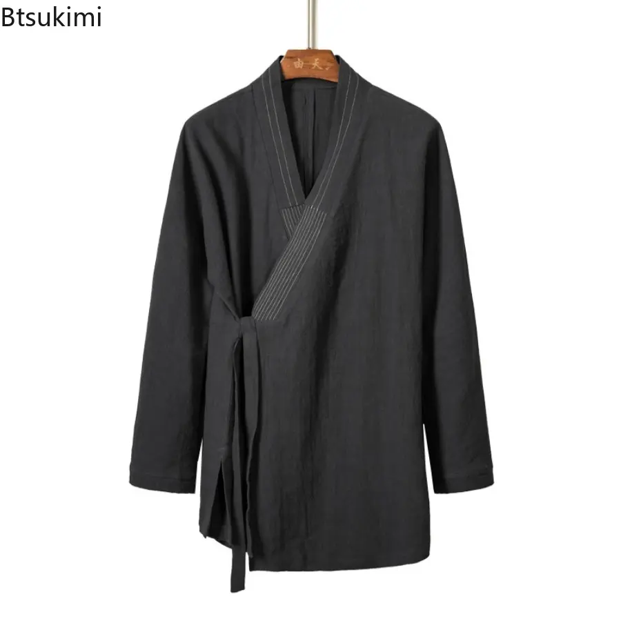 2025 Autumn Winter Men's Chinese Style Linen Cardigan Jacket Loose Kimono Jacket Solid Color Self-Tie Hanfu Traditional Clothing
