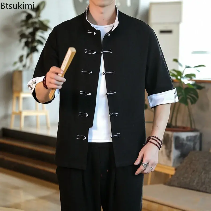 Chinese Style Hanfu Shirt 2025 Men's Vintage Embroidery Patchwork Traditional Clothing Men Stand Collar T-shirts Tops Tang Suit