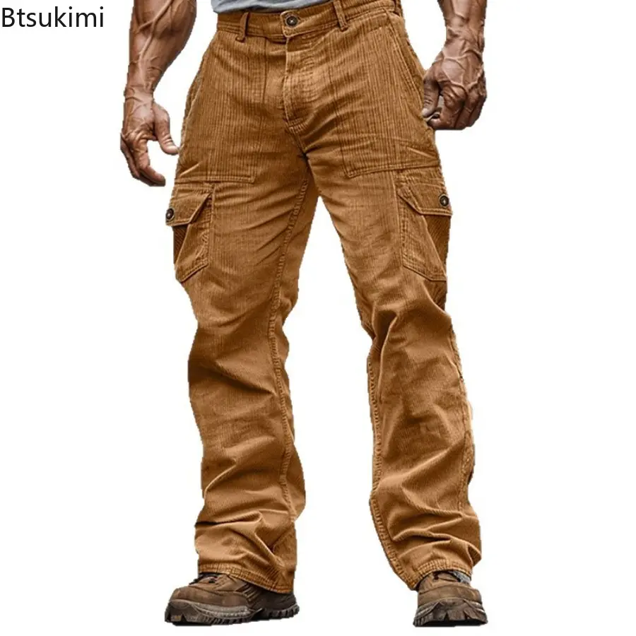 2025 Streetwear Fashion Men's Cargo Pants Autumn Outdoor Casual Solid Ribbed Corduroy Trousers Male Vintage Loose Straight Pants