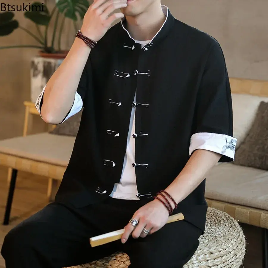 Chinese Style Hanfu Shirt 2025 Men's Vintage Embroidery Patchwork Traditional Clothing Men Stand Collar T-shirts Tops Tang Suit