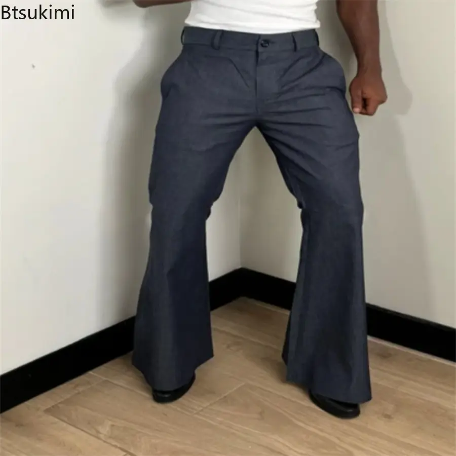 New 2025 Autumn Men's Vintage Basic Flare Pants Solid Color Full-Length Trousers for Men Fashion Zipper Pocket Sweatpants Male