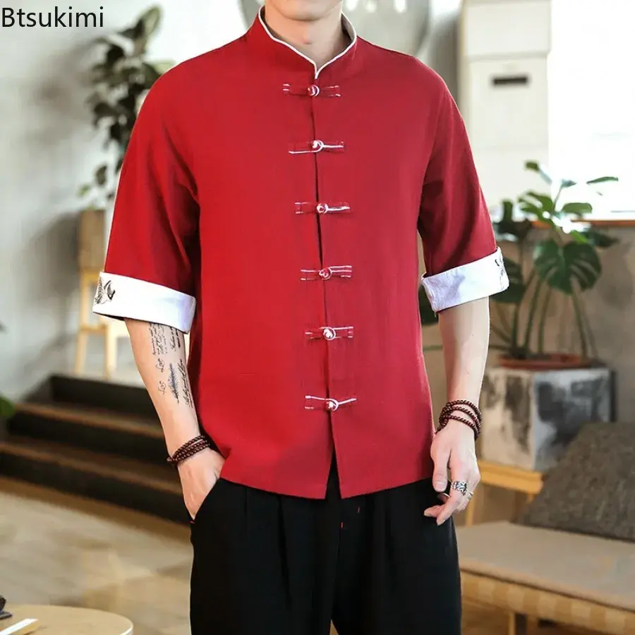 Chinese Style Hanfu Shirt 2025 Men's Vintage Embroidery Patchwork Traditional Clothing Men Stand Collar T-shirts Tops Tang Suit