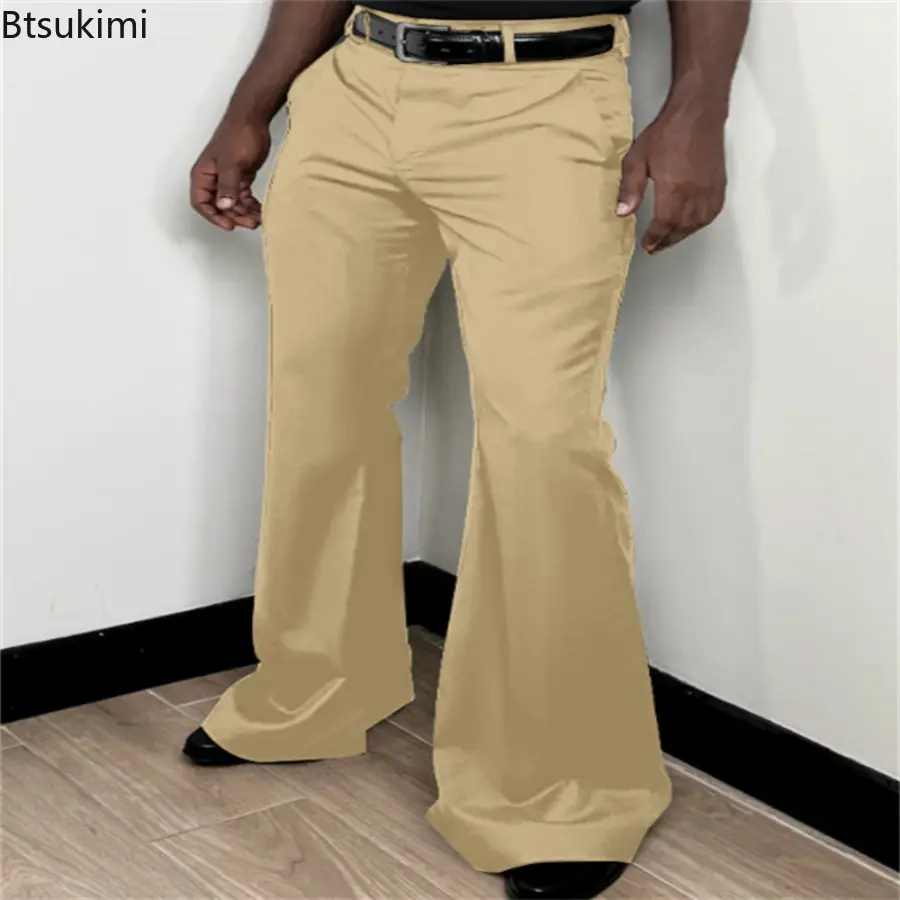 New 2025 Autumn Men's Vintage Basic Flare Pants Solid Color Full-Length Trousers for Men Fashion Zipper Pocket Sweatpants Male