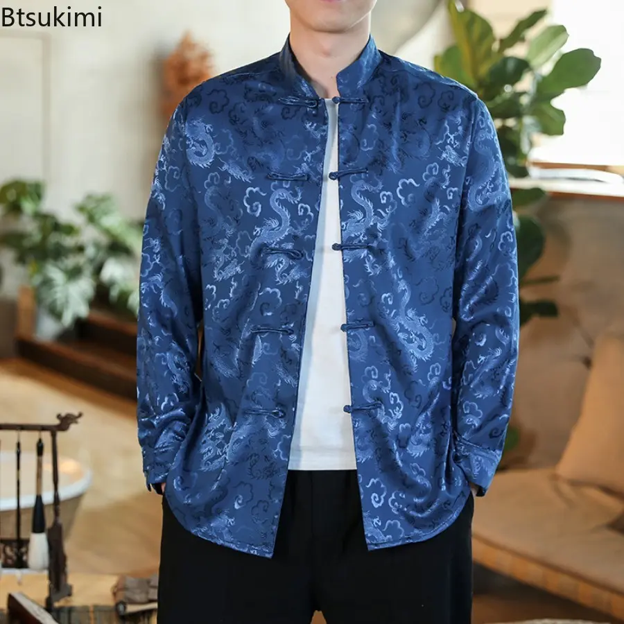 2025 Spring Summer Men's Satin Mandarin Collar Silk Shirts Collar Chinese Dress Shirt Large Size Dragon Red Year Clothes for Men