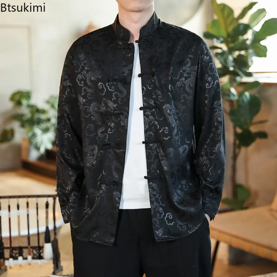 2025 Spring Summer Men's Satin Mandarin Collar Silk Shirts Collar Chinese Dress Shirt Large Size Dragon Red Year Clothes for Men