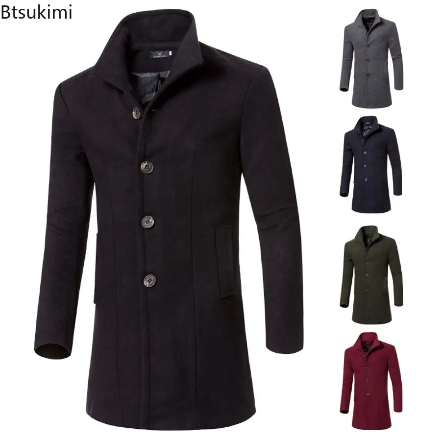 Men's Autumn Winter Warm Woolen Trench Jacket Solid Slim Woollen Jacket Coats Fashion Windproof Stand Collar Long Outwear Male