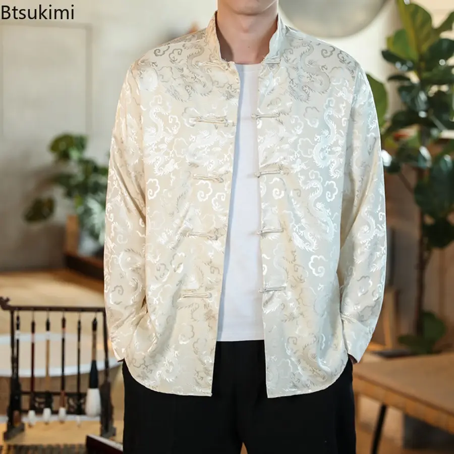 2025 Spring Summer Men's Satin Mandarin Collar Silk Shirts Collar Chinese Dress Shirt Large Size Dragon Red Year Clothes for Men