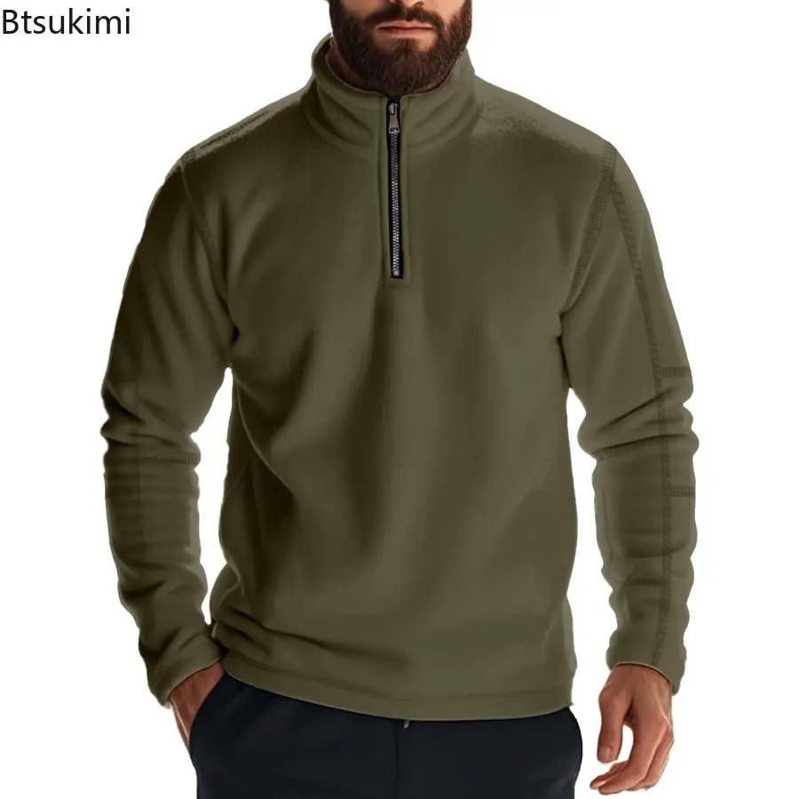 New 2025 Autumn Winter Men's Solid Color Heavy Compound Fleece Outdoor Long Sleeve Zipper Stand-Up Collar Bottom Sweater for Men