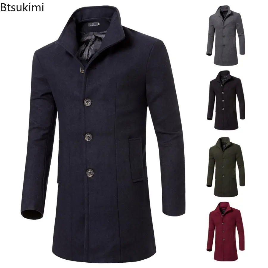 Men's Autumn Winter Warm Woolen Trench Jacket Solid Slim Woollen Jacket Coats Fashion Windproof Stand Collar Long Outwear Male