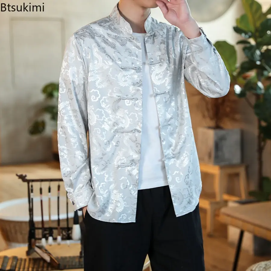 2025 Spring Summer Men's Satin Mandarin Collar Silk Shirts Collar Chinese Dress Shirt Large Size Dragon Red Year Clothes for Men