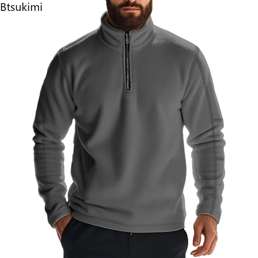 New 2025 Autumn Winter Men's Solid Color Heavy Compound Fleece Outdoor Long Sleeve Zipper Stand-Up Collar Bottom Sweater for Men