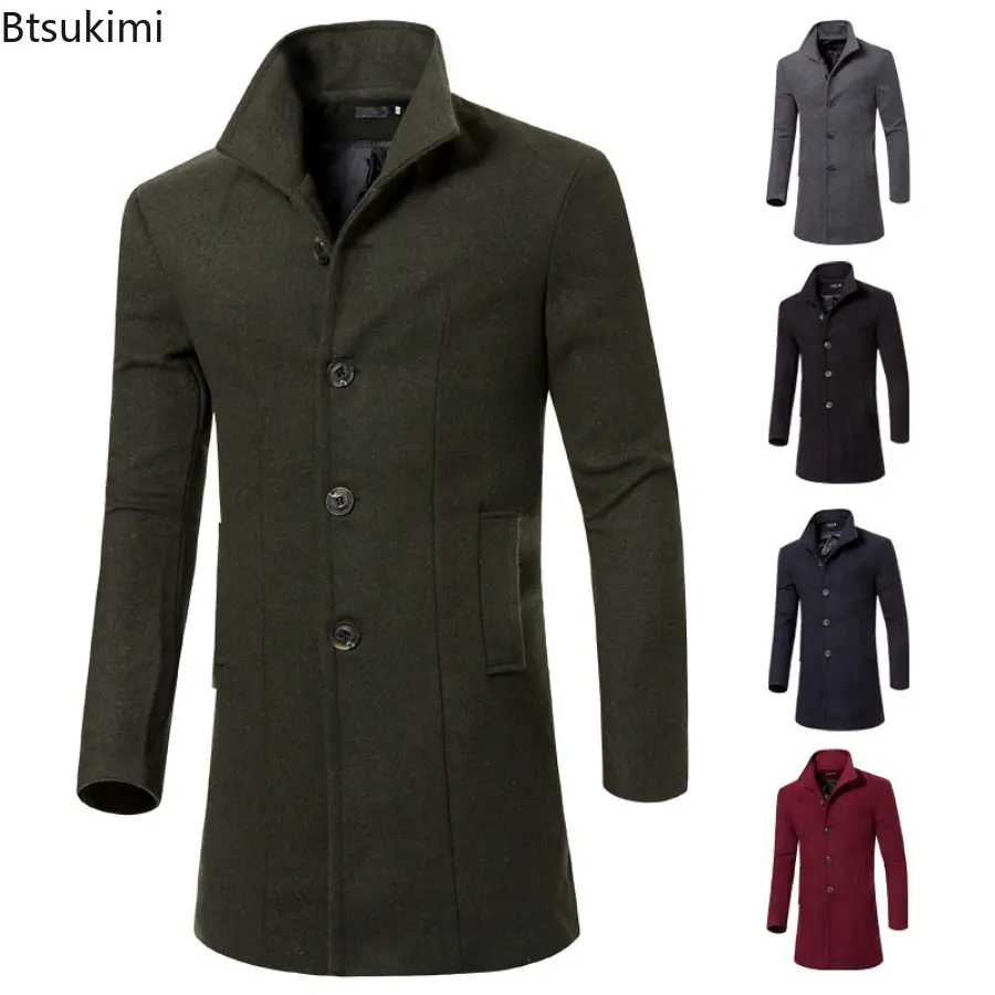 Men's Autumn Winter Warm Woolen Trench Jacket Solid Slim Woollen Jacket Coats Fashion Windproof Stand Collar Long Outwear Male