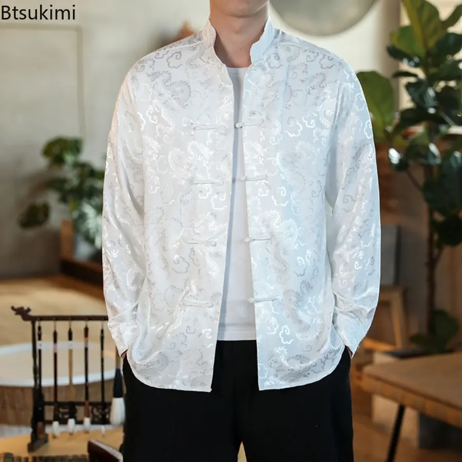 2025 Spring Summer Men's Satin Mandarin Collar Silk Shirts Collar Chinese Dress Shirt Large Size Dragon Red Year Clothes for Men