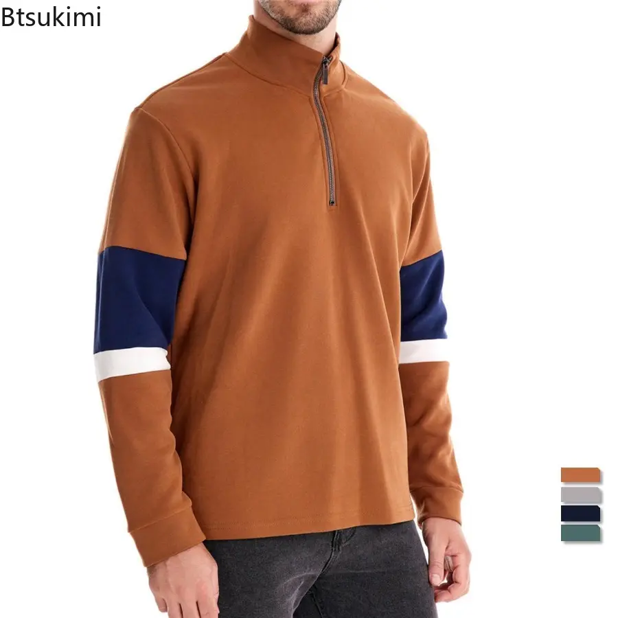 2025 Autumn Men's Sweatshirt High-quality Fashion Slim Fit Sweater Pullovers Stand Neck Half Zip Casual Hoodies Male Clothing