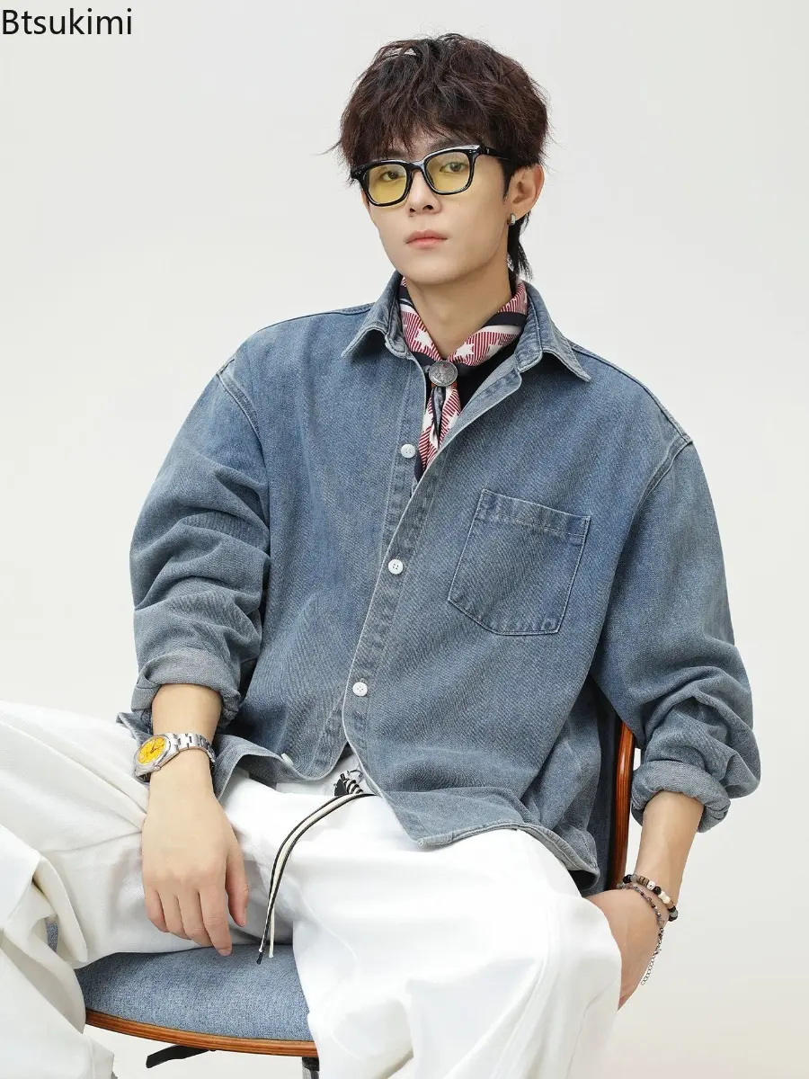 Men's Single Breasted Long Sleeve Shirt with Pocket Autumn Solid Color Loose Trendy Casual Denim Shirt Jacket Fashion Handsome