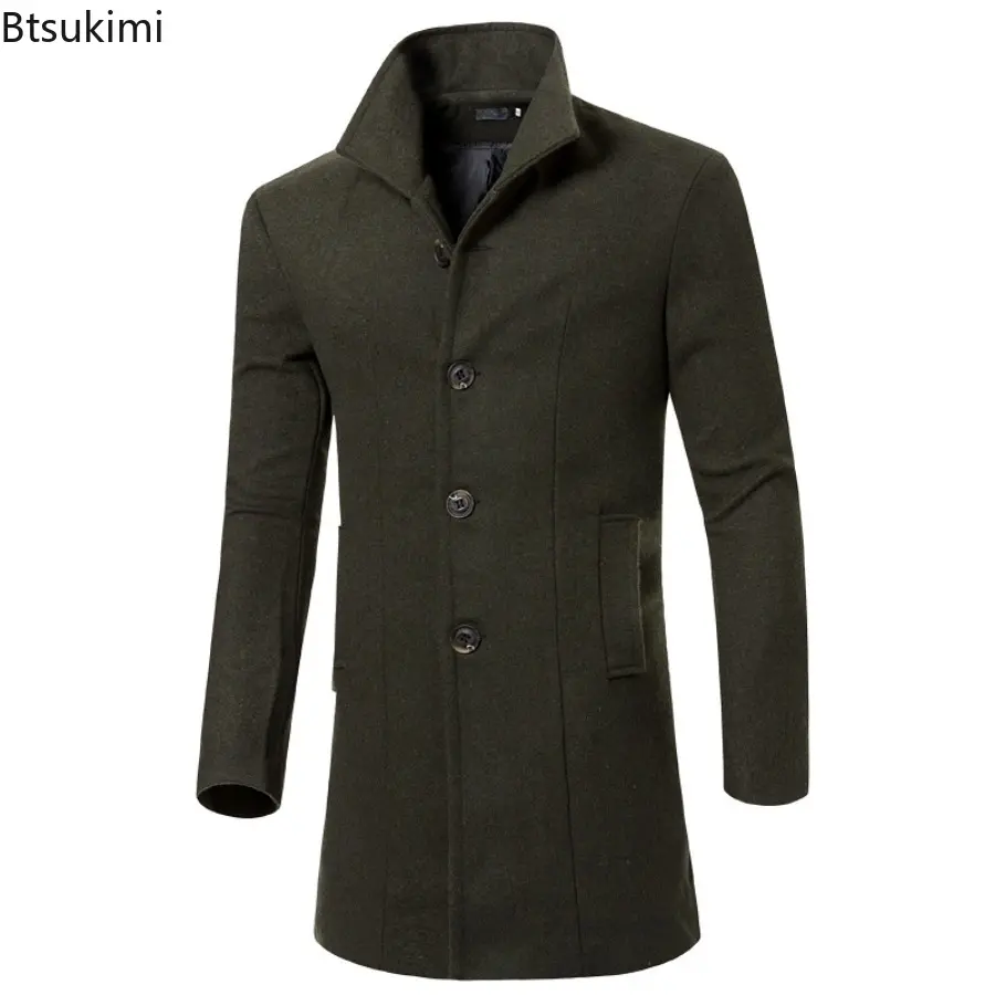 Men's Autumn Winter Warm Woolen Trench Jacket Solid Slim Woollen Jacket Coats Fashion Windproof Stand Collar Long Outwear Male