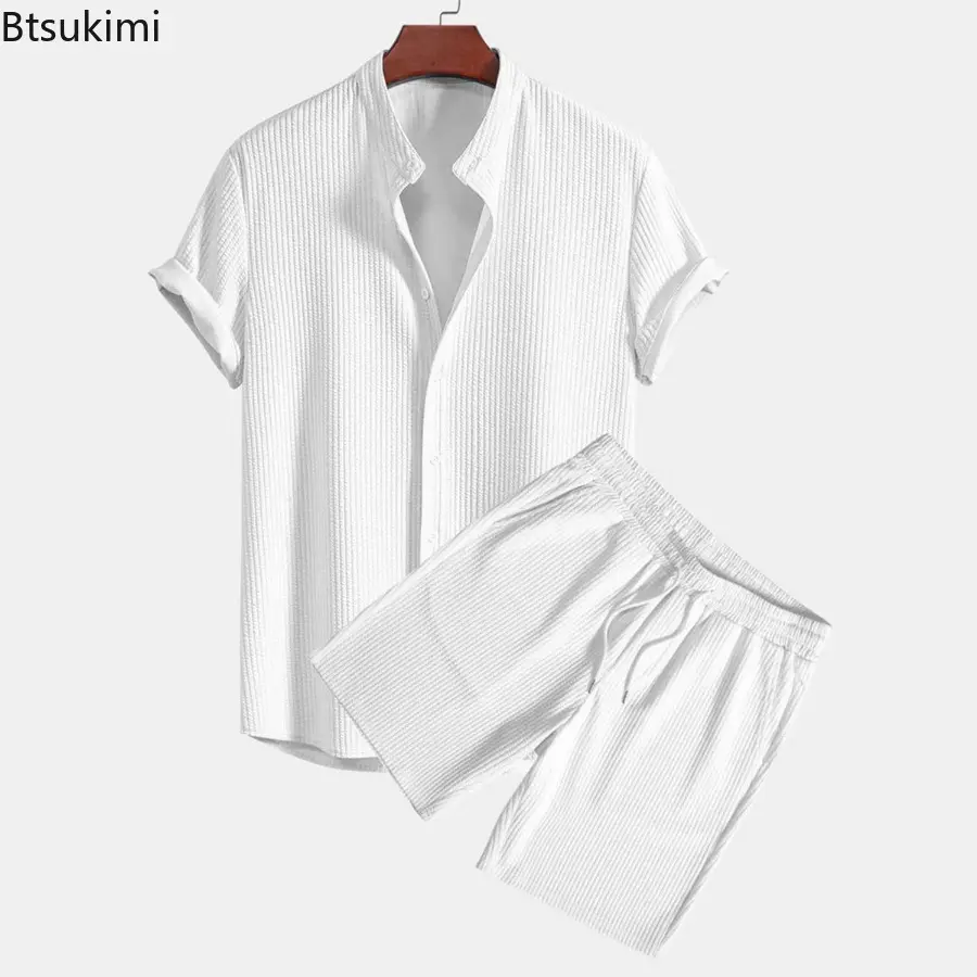 2025 Men's Shorts Sets Fashion Solid Vacation Beach Outfit Summer Tracksuits Lapel Button Shirt and Shorts Casual Two Piece Sets